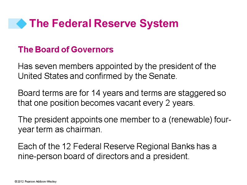 The Board of Governors Has seven members appointed by the president of the United